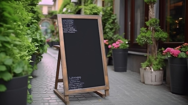 Near the entrance to the restaurant there may be a blank menu board or shop sign Generative AI and a street menu