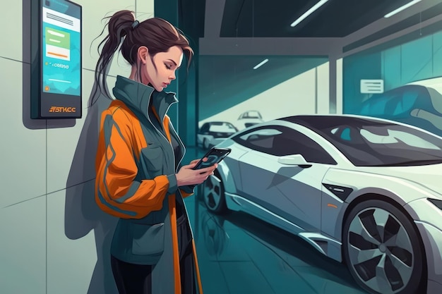 Near garageView Woman charging her electric car and monitoring process on smartphone ai generated