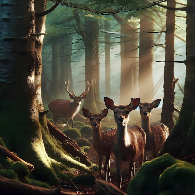 Nearby a family of deer cautiously emerges from the shadows of the trees their eyes sparkling with