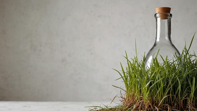 A nearly empty corked glass bottle sits on a solid white table