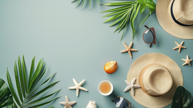 Neat Beach Item Collection against a Light Blue Table Backdrop