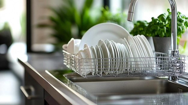 Photo neat drying rack with spotless dishes by kitchen sink