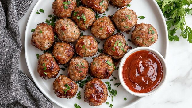 Neat meatballs on white plate with BBQ sauce for parties