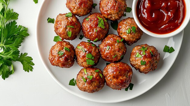 Photo neat meatballs on white plate with bbq sauce for parties