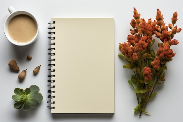 Neat office desk with notebook mockup on white