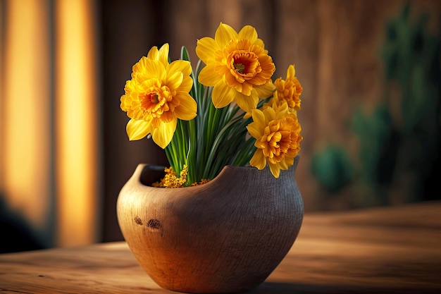 Neat small bouquet of golden daffodil flower in pot on wooden table