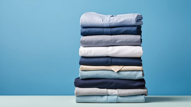 A neat stack of colorful folded clothes on a blue background ideal for home organization