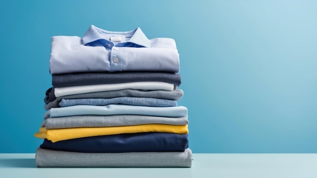 A neat stack of colorful folded clothes on a blue background ideal for home organization