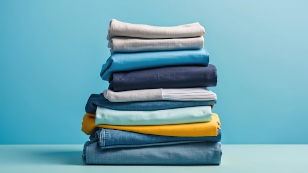 Photo a neat stack of colorful folded clothes on a blue background ideal for home organization