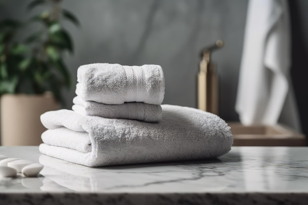 Neat stack of white towels on a countertop created with Generative AI technology