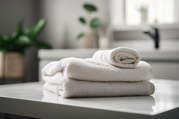 Neat stack of white towels on a table creating a sense of organization and cleanliness created with Generative AI technology