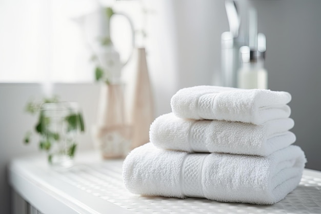 Neat and tidy stack of white towels on a pristine white counter Generative AI