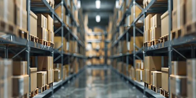 Neat warehouse with high metal shelves holding packed cardboard boxes Concept Warehouse Inventory Management Organized Storage Solutions Industrial Facility Design