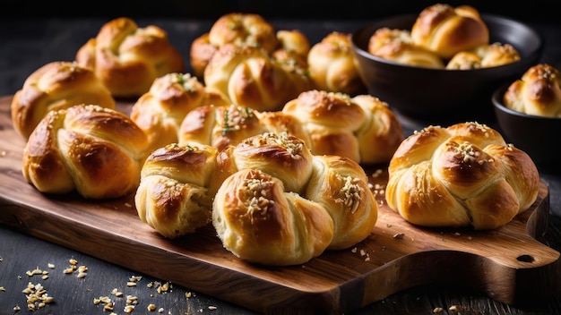 Neat Wooden Board Composition of Freshly Baked Golden Brown Croissants with Sesame Seeds