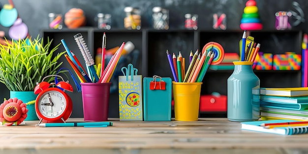 Photo neatly arranged classroom desk featuring vibrant backtoschool supplies