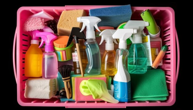 Neatly arranged cleaning equipment in plastic container for domestic chores generated by AI