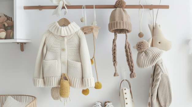 A neatly arranged display of cozy neutraltoned knitwear and childrens accessories hang on a wooden rack against a white background