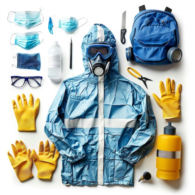 Photo a neatly arranged flatlay of various personal protective equipment including a hazmat suit