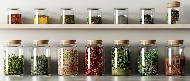 Neatly arranged jars of various spices and herbs on shelves showcasing a vibrant array of colors and textures