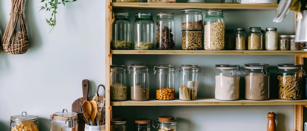 A neatly arranged kitchen pantry with glass jars and containers filled with various dried foods spices and ingredients showcasing an organized cooking space