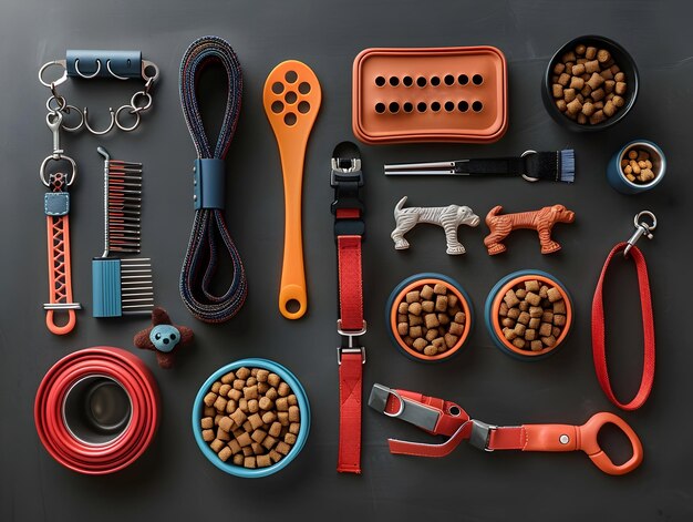 Photo neatly arranged pet care items in flat lay style against dark background