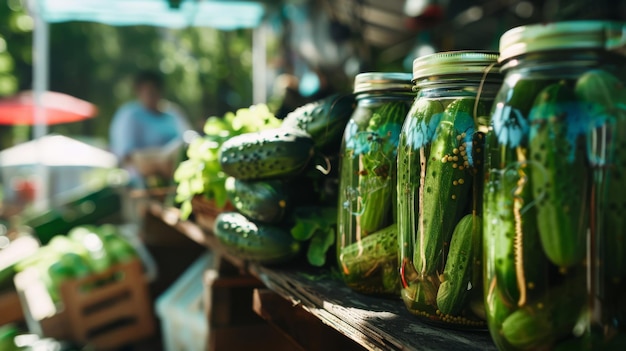 Photo neatly arranged pickle jars sit on a market stall the cucumbers inside bathed in a warm inviting light