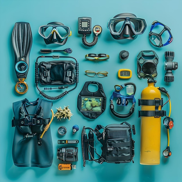 Neatly Arranged Scuba Diving Equipment in Flat Lay Style with Turquoise Water Background