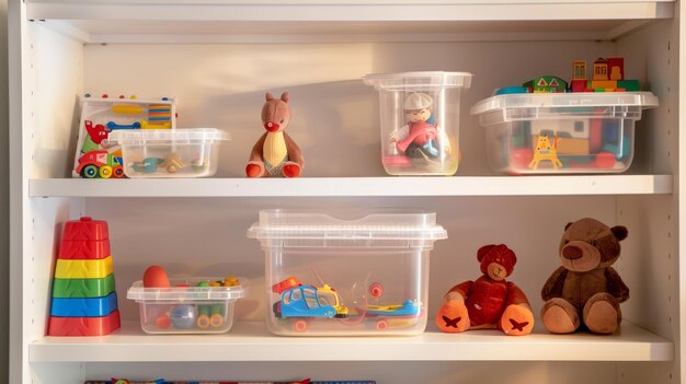 Photo a neatly arranged toy shelf with various colorful toys and figurines evoking a sense of childlike wonder and organized playfulness