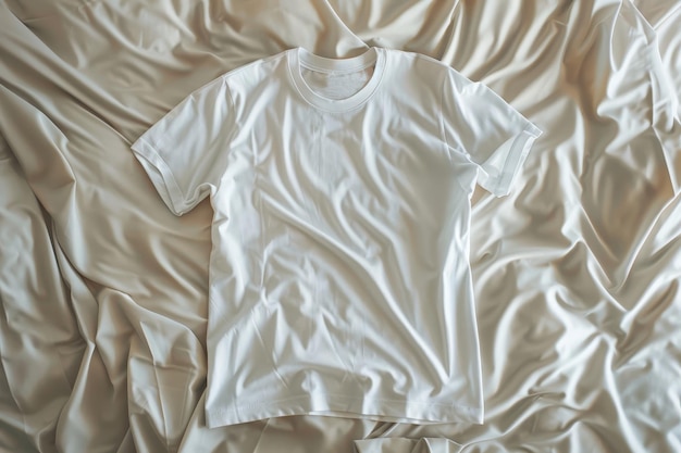 Neatly arranged white t shirt on bed ideal for displaying apparel or bedroom concepts