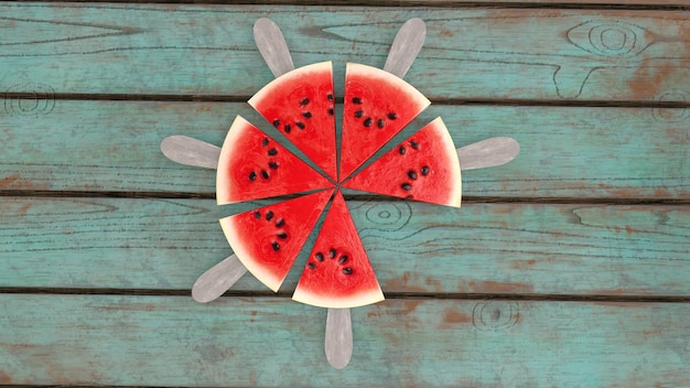 A neatly cut watermelon on a stick against the background of a wooden table 3drendering