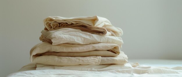 Neatly folded beige linens are stacked on a bed creating a serene and orderly atmosphere in a minimalist bedroom