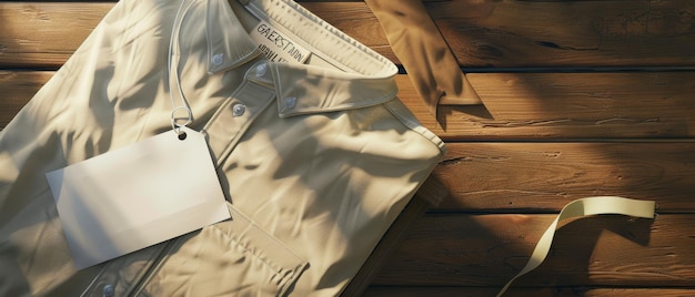 Photo neatly folded beige shirt with brand tag resting on a wooden surface presented elegantly with a ribbon and a blank card