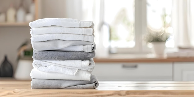 Photo neatly folded laundry on wooden table in cozy laundry room closeup view concept laundry room neat organization cozy vibes wooden table closeup view