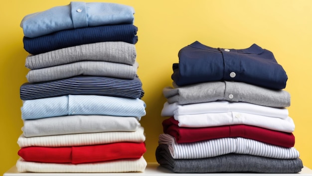 Neatly folded shirts in vibrant colors on a yellow background