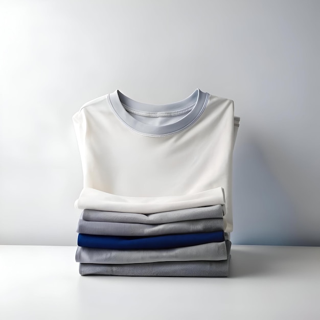 Photo a neatly folded stack of t shirts in white grey and blue ready to be worn or used as a blank canvas for your designs