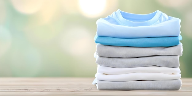 Photo neatly folded tshirt stack on top of laundry pile concept laundry organization clothing care tshirt folding neat stack decluttering