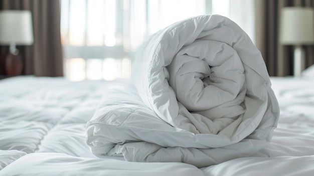 A neatly folded white duvet on a white bed evoking the concept of domestic activities