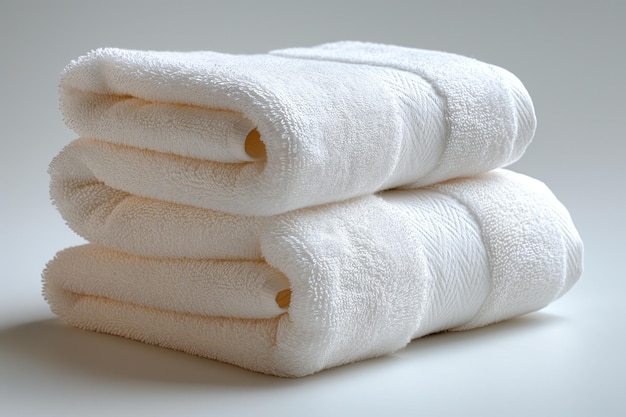 Photo neatly folded white hotel towels on white background