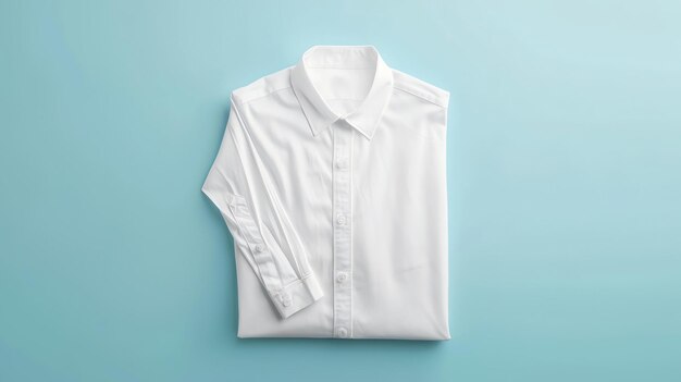 Photo a neatly folded white longsleeved shirt isolated on a blue background the shirt is folded with the collar and buttons facing up