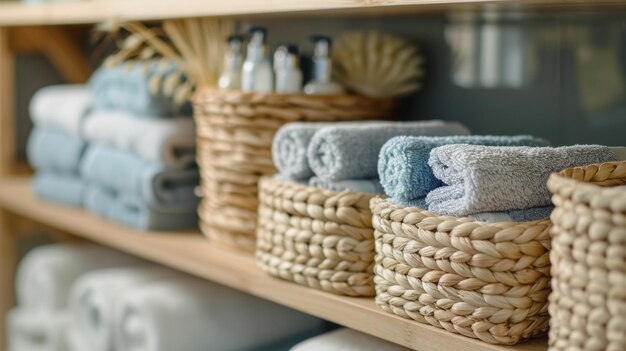 Photo neatly organized bathroom shelves with rolled towels and woven baskets showcasing a tidy and stylish