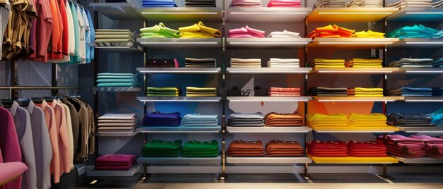 Photo a neatly organized and colorful clothing store display with perfectly folded shirts and arranged garments on shelves