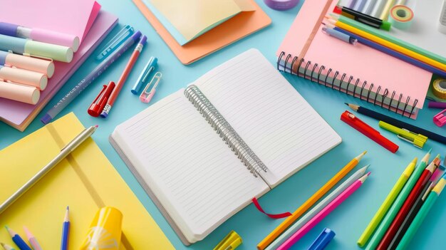 Photo neatly organized colorful stationery is laid out on a bright blue background highlighting notebooks pens pencils and paper clips