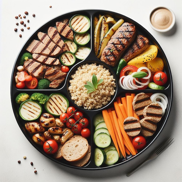 Neatly Organized HealthConscious Iftar Platter with Quinoa Salad Grilled Vegetables Lean Proteins