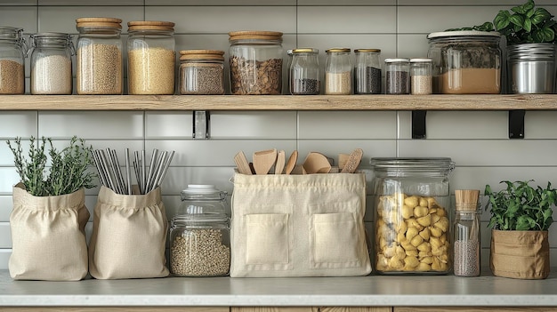 Photo a neatly organized kitchen shelf with jars and bags for ingredients and herbs