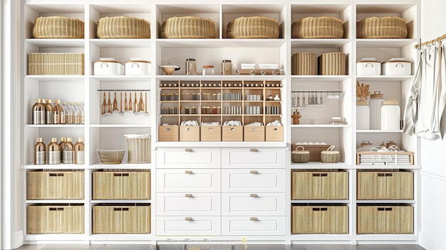 A neatly organized pantry with baskets containers and jars