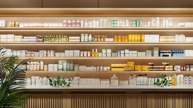 Photo a neatly organized pharmacy display featuring various medication types and health supplements on shelves