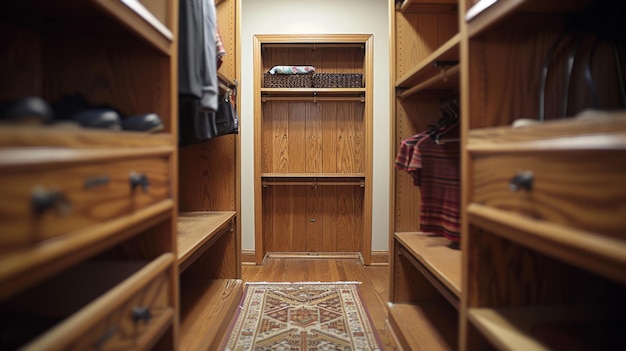 Neatly organized walkin closet featuring wooden shelves clothing and a central rug emphasizing order and storage solutions