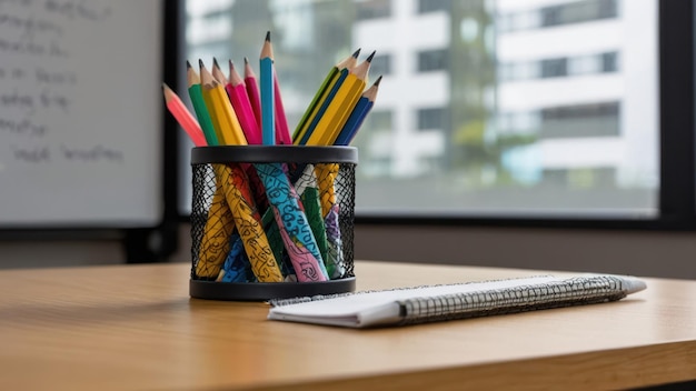 A neatly packed pencil case and ruler on a clean classroom desk with pencils in a glass jar