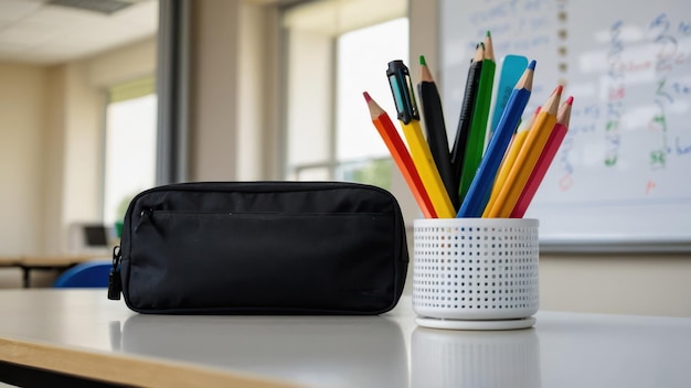 A neatly packed pencil case and ruler on a clean classroom desk with pencils in a glass jar