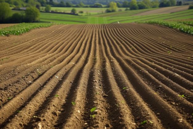 Neatly plowed furrows create a captivating texture in the rustic charm of farmland